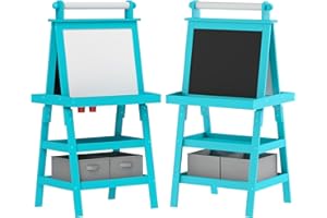 AIYAPLAY Lavagna per Bambini Cancellabile a Doppia Facciate con Rotolo di Carta e 2 Contenitori, Lavagna Magnetica Bianco, Nero con Cavalletto Artistico in Legno per Pittura e Regalo, 3-6 Anni, Blu