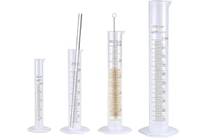 HENTEK Cilindro Graduato di Plastica 10ml 25ml 50ml 100ml con 1 bacchetta di vetro e 1 spazzola per Laboratorio, Chimica