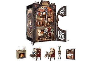 Fsolis Book Nook Kit, Case delle bambole con luce LED, libro Nook libreria scaffale Insert Kit, kit di modellazione per adulti, regali creativi(Count Cat's Study)