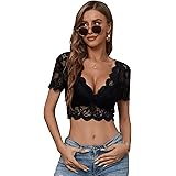 SheIn Camiseta de encaje transparente para mujer, con cuello en V