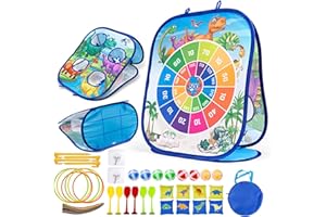 WOEAU 5-in-1 Portable Bean Bag Toss Games - Dinosaur Toys - Puzzle Toys for Kids Easy to Assemble & Carry - Includes Frame, Loops, Balls, Sandbags, Hooks, and Storage Bags
