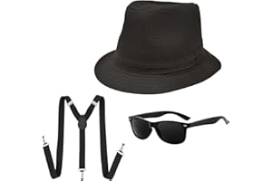 UILYNIU Set di 3 costumi da gangster degli anni '20, accessori per costume da uomo, 58 cm, nero, cappello Fedora Gangster, bretelle, occhiali da sole, costume da mafia Gatsby per travestimenti in
