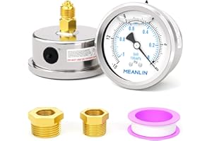 MEANLIN MEASURE -1~0BAR/-15~0PSI Manomètre à cadran en acier inoxydable 1/4"BSP 1.5",à remplissage liquide,pour eau,huile et air,montage arrière,avec douille hexagonale 1/4"x1/2" BSP et 1/4"x3/8" BSP