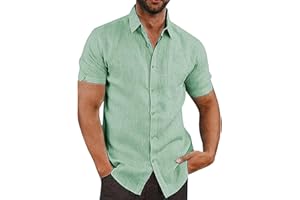 Friptspyg Hommes Chemise Lin Coton Manches Courtes Bouton Bas Coupe Regular Casual Chemise de Plage Regular Fit Chemises L'été avec Poche