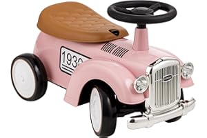 Baroni Toys Correpasillos Vintage para Niños de 12 a 36 Meses, Coche Bebé con Bocina de Aire, Compartimento de Almacenaje, Volante y Ruedas Estables para Aprender a Caminar, 25x59x35 cm (Rosa)