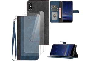 Hoyoikun Handyhülle Kompatibel Mit iPhone X/XS,[Verschenke 2 Stück Full Screen Schutzfolie],Premium PU Leder Flip Case,Magnetverschluss,Standfunktion, Kartenschlitz-Blau