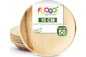 FOOGO Green 50pcs Assiettes Jetables Feuille de Palmier, 15cm Petites Rondes, Écologique Biodégradable Compostable Comme Assiettes Bois, Bambou, Papier, Plats Chauds, Mariage, Pique-Nique, Fête