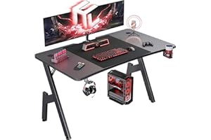 ‎HLONONE HLONONE Gaming Schreibtisch 140 x 60 cm, Gaming Tisch, Stabiler PC Schreibtisch mit Kohlefaserbeschichtung, Ergonomischer Computertisch mit Kopfhörerhaken und Getränkehalter, Schwarz