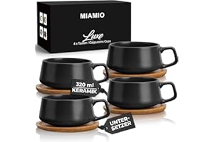 MIAMIO - 4 x 320 ml Kaffeetassen/Cappuccino Tassen mit Unterteller/elegant/modern/Kaffeebecher aus Steingut - Luxe Kollektion 4er Set (Schwarz)