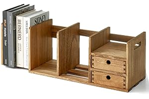KIRIGEN Drewniany organizer na biurko – regulowany i wysuwany regał z szufladą, w pełni zmontowany stojak na książki i dokumenty, do biura i domu, żółto-brązowy