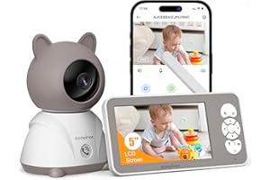 kompinac Babyphone mit Kamera und App 2K/3MP - 5 Zoll WLAN Baby Monitor PTZ 360° IR Nachtsicht 2-Wege-Audio, Automatische Verfolgung, Weinen/Bewegungs/Geräusch-Erkennung Temperaturüberwachun