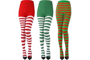 CHONGQILAO 3 Pares Medias de Rayas Rojas Verdes Blanco, Medias Elfo Mujer, Disfraz Leotardos Rayas Mujer, Medias de Elfo, Accesorios para Disfraz de Mascarada, Navidad, Carnaval