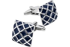 Jonwo Check Pattern Square Cufflinks for Men Dress In Gift Case Silver Tone Dark Blue Classic Men's Cufflinks Set for Wedding Party Birthday Anniversary Dress