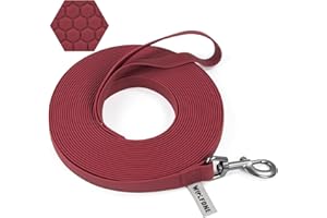 Wolfone 15m Dark Red Waterproof Long Recall Dog Lead with Anti-Slip Handle， Heavy Duty Robust Training Dog Lead for Outdoor Activities