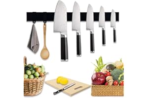 devesanter Magnetic Knife Holder Wall with Extra-Strong Magnet,with 2 Hooks,40cm Black Free Adhesive or Screws Wall Magnetic Knife Rack, Magnetic Knife Holder for Knives, Utensils and Tools