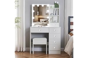 Teousev Dressing Table with Light Mirror, Vanity Desk with LED Lights Mirror, 3 colors, Adjustable Brightness, Makeup Desk with Drawers and Open Shelves, White Wooden Modern Bedroom Dresser