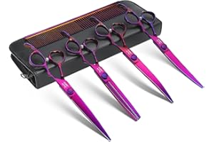 JASON Ensemble de Ciseaux Professionnels pour Chiens - Ensemble de Ciseaux 6 en 1, Ciseaux Droits/Incurvés/Éffileurs et Peigne pour Chiens Chats Animaux avec Vis Réglable, Violet