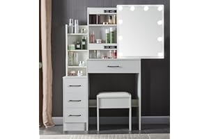 TOPHEHAN Dressing Table with LED Lights, White Vanity Makeup Table Set with Mirror and Stool, Modern Cosmetic Bedroom Dresser Make up Desk with Drawers and Shelves Storage Unit for Girls (Modern 03UK)
