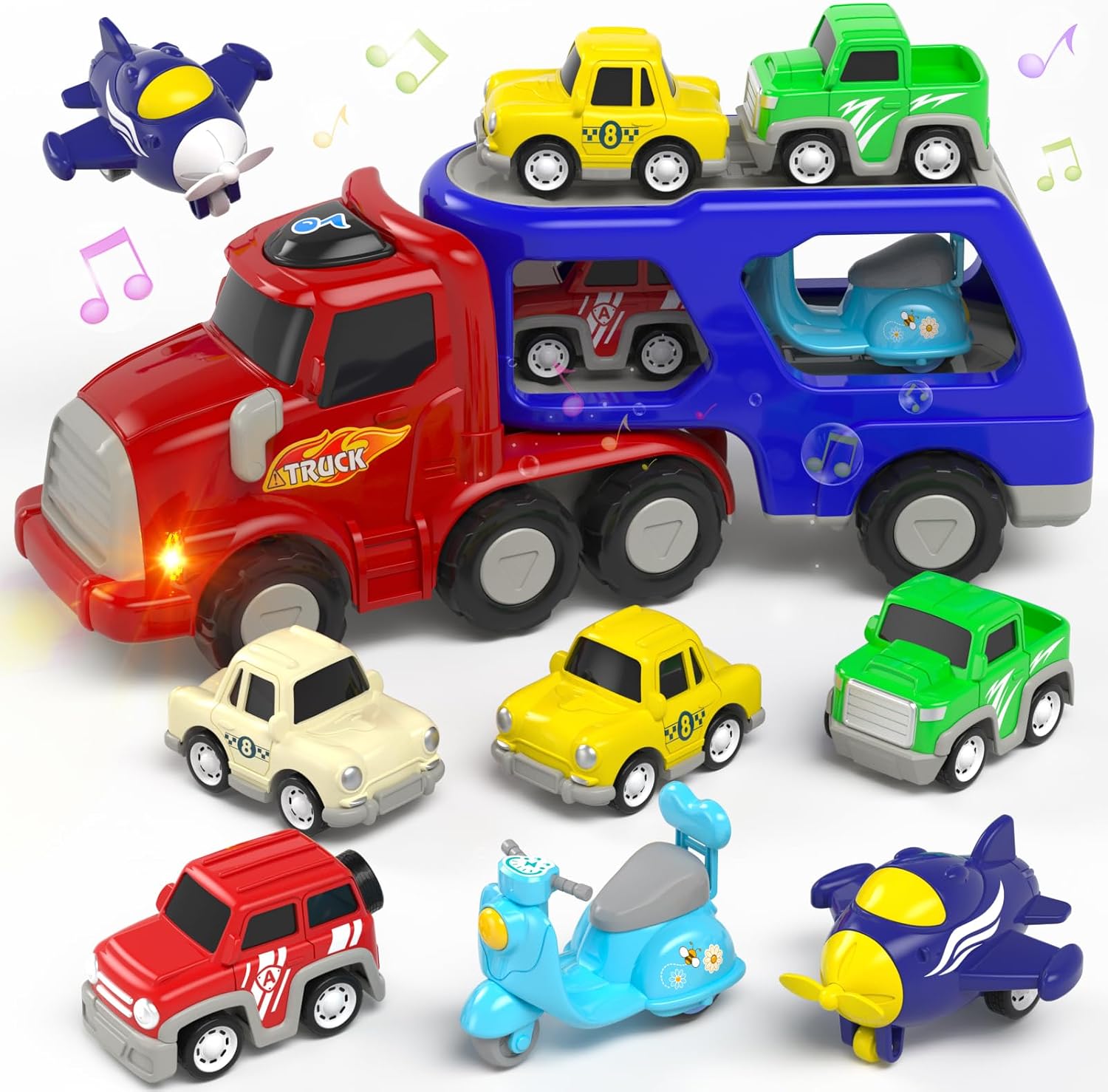 usrela Juguetes para niños de 1, 2 y 3 años, camión con 6 juguetes de auto de tracción, transportador 7 en 1 con luz y música, juego de vehículo regalo para niños pequeños de 1 a 3 años, regalo de