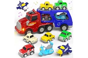 usrela Juguetes para niños de 1, 2 y 3 años, camión con 6 juguetes de auto de tracción, transportador 7 en 1 con luz y música, juego de vehículo regalo para niños pequeños de 1 a 3 años, regalo de