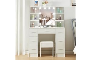‎SAIMEIHOME Saimeihome Schminktisch mit Beleuchtung und Hocker, Frisiertisch mit Verstellbarer Lichtfarbe und Helligkeit, Kosmetiktisch mit 6 Schubladen 6 Ablagefächern für Schlafzimmer - 100x40x140cm Weiß S52A8