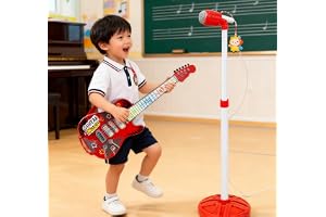 HALAYAYA Guitar and Microphone Playset for Kids, Music Playset with Adjustable Stand, Electric Guitar Karaoke Toys with Music and Light for Boys Girls (A)