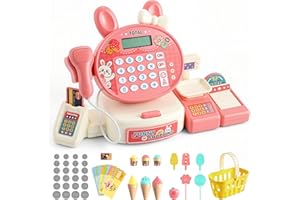 FUNYKICH Caja Registradora Juguetes 3 Años, Supermercado Juguete con Escáner,Calculadora,Cesta de Compras,Dinero de Juguete y Accesorios Adorables, Cumpleaños para Niños y Niñas