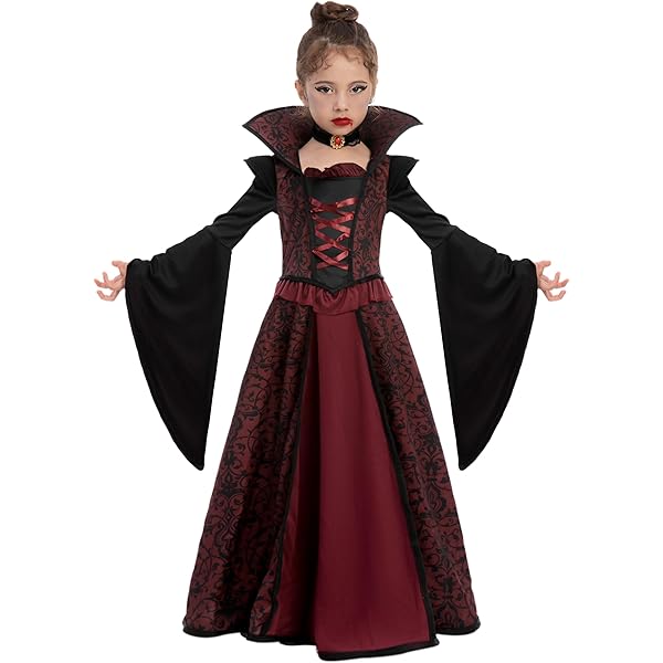 Costume De Vampire Pour Fille - Robe Gothique Avec Collier Rubis + Tatouages Chauve-souris - Halloween, Fêtes Déguisées