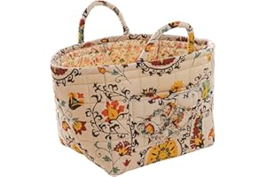 SYLET Quilted Fabric Storage Basket with Handles – Boho Foldable Floral Organizer Bin for Home, Picnic, Shopping, Travel 13"x11"x10" (Misty Petals)