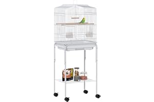 PawHut Bird Cage Budgie Cages for Finch Canary Parakeet with Stand Wheels Slide-out Tray Accessories Storage Shelf, White 46.5 x 36 x 124 cm