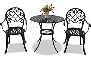 Centurion Supports PREGO Garden & Patio Table & 2 Large Chairs with Armrests Cast Aluminium Bistro Set - Black