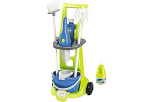 Jouets Ecoiffier - 1769 - Chariot de ménage pour enfants CleanHome avec balai espagnol, seau équipé d’une essoreuse, balai, aspirateur à main, produits ménagers - Dès 3 ans - Fabriqué en France