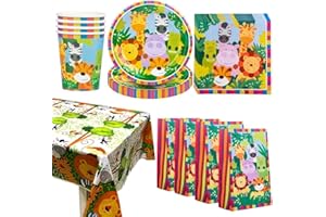 Forfamy 69 Teile Dschungel-Themed Tiere Tischdecke Pappgeschirr Partydekoration für 16 Kinder, Geburtstag Geschirr Set Wald Geburtstag Geschirr Kit für Junge & Mädchen, Jungle