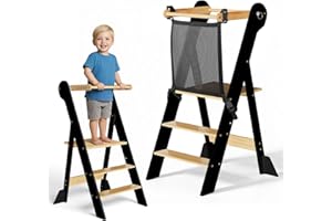 COSYLAND Tour d’Observation Montessori Enfant Pliable – Tour d’Apprentissage Bébé Réglable en Hauteur, Chaise d’Apprentissage en Bois à Partir de 1 an, Kitchen Helper – Noir + Naturel