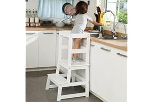 MICADDY Step Stool Learning Tower Kitchen for Toddler Kid with Safety Rail Adjustable Standing Stepup Baby Helper Stand Wooden Steps Stool with Safety Rail, Helper Step Counter Solid Wood Varnished