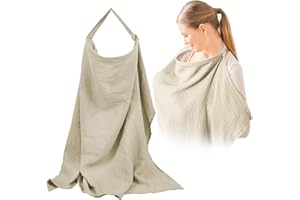Couverture d'Allaitement en Coton, ZoneYan Tablier d'Allaitement avec Bretelles Réglables, Douce et Respirante Écharpe d'Allaitement pour Bébé, Housse d'Allaitement en Mousseline pour Maman (Kaki)