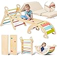 Giant bean Pikler Triangle Set with Cushion, Foldable 7 in 1 Toddler Climbing Toys Indoor, Sliding Ramp & Arch, Wooden Montessori Climbing Set, Playground Jungle Gym for Kids Age 1-3 Rainbow