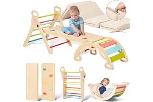 Giant bean Pikler Triangle Set with Cushion, Foldable 5 in 1 Toddler Climbing Toys Indoor, Sliding Ramp & Arch, Wooden Montessori Climbing Set, Playground Jungle Gym for Kids Age 1-3 Rainbow