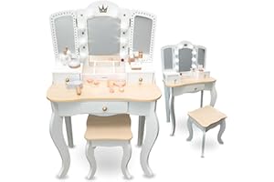 mamabrum Coiffeuse Enfant XXL en Bois avec Tabouret & Miroir LED – Table de Maquillage Fille dès 3 Ans avec Tiroir & Accessoires – Bureau 2-en-1 pour Jeu Créatif