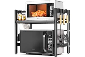 Vankarr Support pour Micro Onde et Four Extensible Etagere Micro-Ondes, Support en Métal Four à Micro-étagère pour Micro-Ondes avec 6 Crochets Suspendus Meuble Micro Ondes Cuisine Rangement