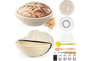 Mispudin Cesta de Fermentación para Pan 23 cm, Redonda de Ratán Natural, Con Cuchillo de Panadero, Tela de Lino, Funda, Raspador de Masa y Cepillo