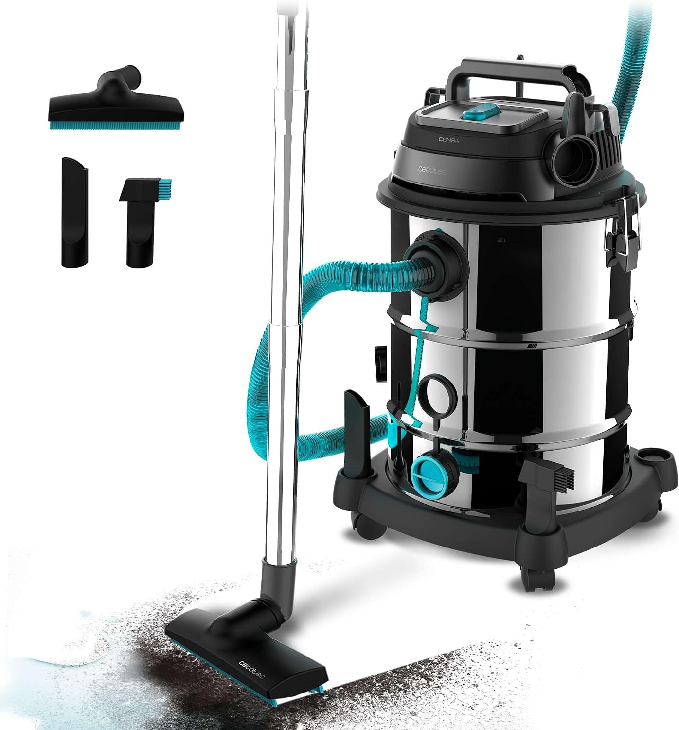 Cecotec Aspirador de Sólidos y Líquidos de 30 L Conga Rockstar Wet & Dry Steel Pro. 1600 W, 23 kPa, Sistema de Drenado, Aspirador y Soplador, Estructura Metálica, Ruedas, Radio de Acción 5m