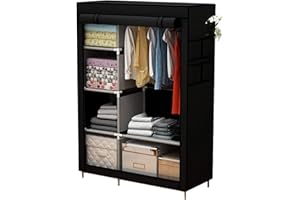 ACCSTORE Canvas Wardrobe Portable Wardrobe Clothes Storage With 6 Shelves and Hanging Rail,Black