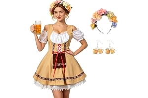 RYJJEEST Oktoberfest kostym dam Dirndl midiklänning set om 3 | Med blomhårkrans och ölkannor, örhängesset, Bavariankostym med spetskjol, karneval karnevalskläder