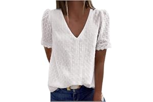 AMHOMELY Summer Tops for Women Sale,Fashion Ladies Casual Solid Short Sleeve V-Neck Lace T-Shirt Blouse Tops Plus Size UK White