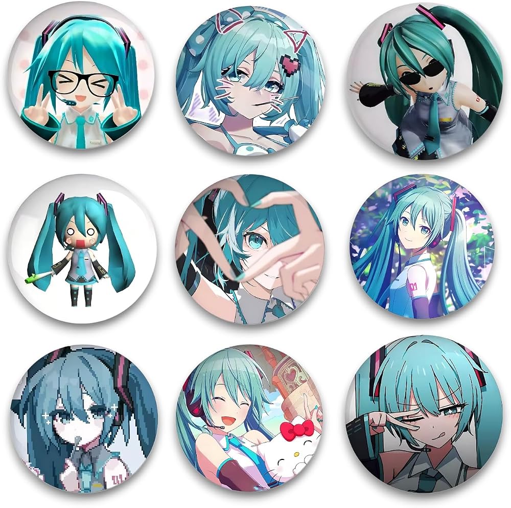 Hatsune Miku 44mm Buton Rozet Seti - 9'lu Vocaloid Anime Tasarımlı Metal Pin Seti