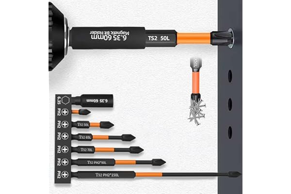 Sunkizzrs 7-Pcs TS2 Alloy Steel Magnetic Phillips Screwdriver Drill Bits Set PH2 Cross Screw Driver 1/4 Inch Hex Shank with Extension Rod Anti-Slip & WaterProof for Power & Impact Drivers