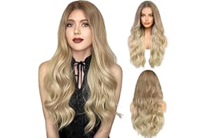 LUFFLOK Peluca Rubia Larga Ondulada Ombre de Pelo Sintético Natural Resistente al Calor 68cm para Mujeres, Uso Diario, Fiestas y Cosplay