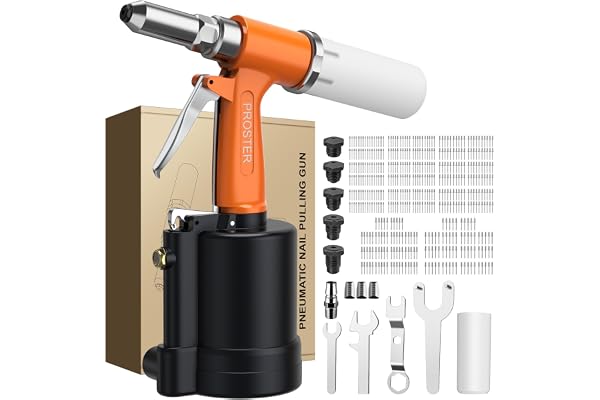Proster Riveteuse Pneumatique Hydraulique 1780KGF Professionnelle avec 5 Embouts (2.4/3.2/4.0/4.8/6.4mm) – Pistolet à Riveter à Air avec 500 Rivets Inclus pour Carrosserie/Atelier/Construction