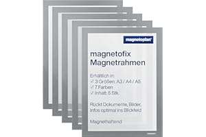 ‎MAGNETOPLAN magnetoplan magnetofix Magnetrahmen, 5 Stück, grau| Format: A4 | Magnethaftender Rahmen für Dokumente + Bilder | Magnetischer Inforahmen für Büro, Schule, Lager + Werkstatt